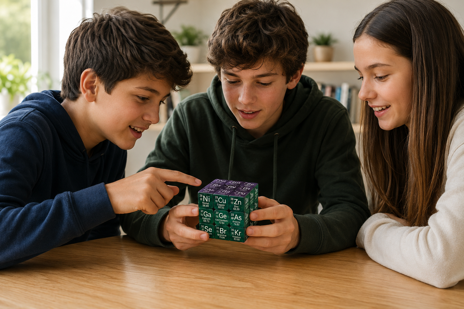 Three children playing with a chemistry block set on a wooden table.