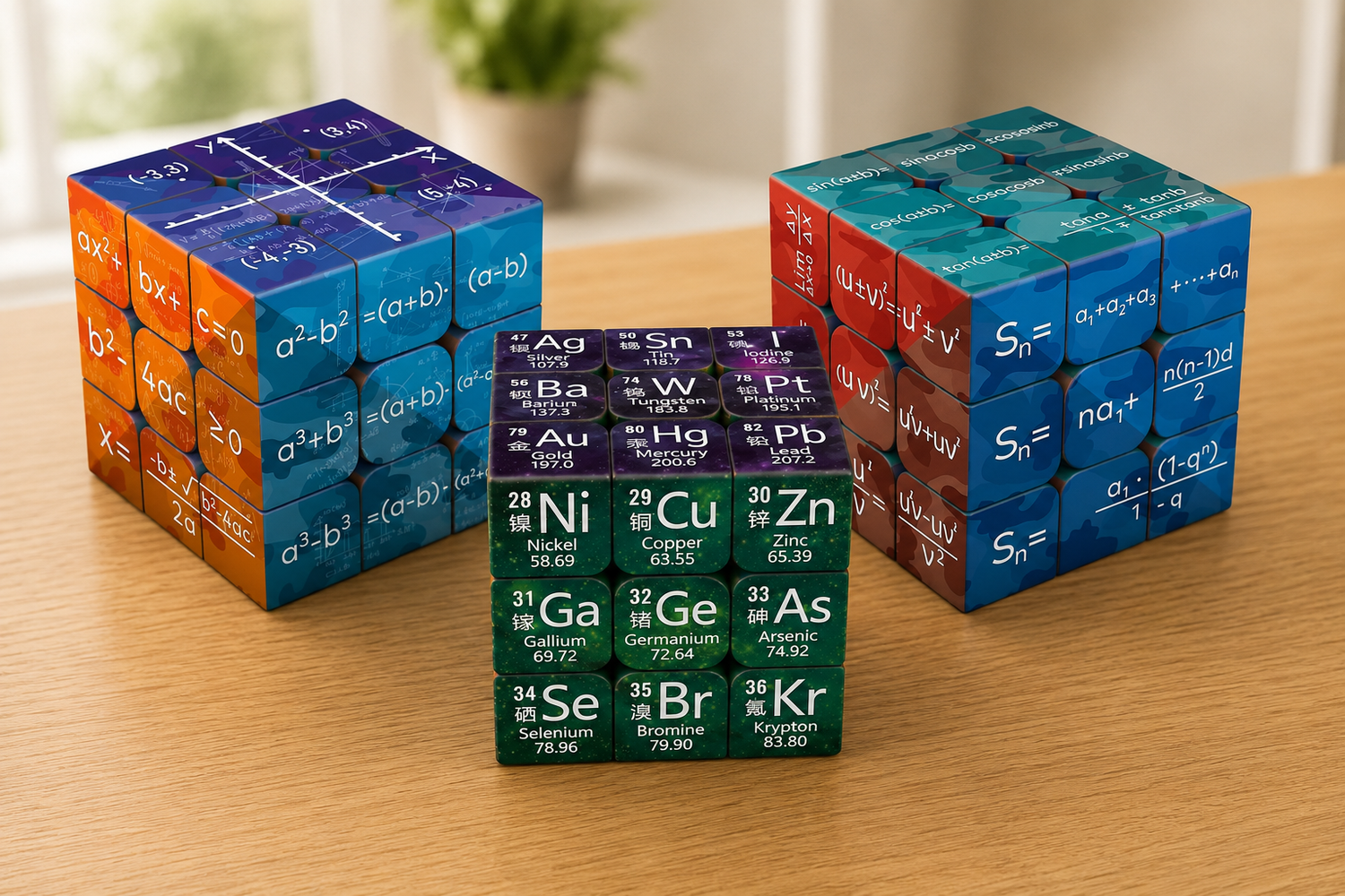 Three Rubik's Cube-like puzzles with periodic table designs on a wooden surface.