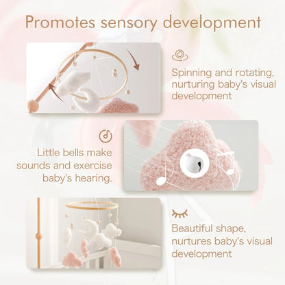 Baby product with text highlighting sensory development benefits on a light pink background