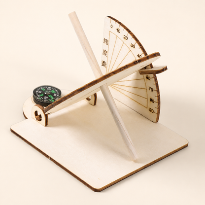 Rear view of wooden DIY sundial clock kit showing its angled support structure