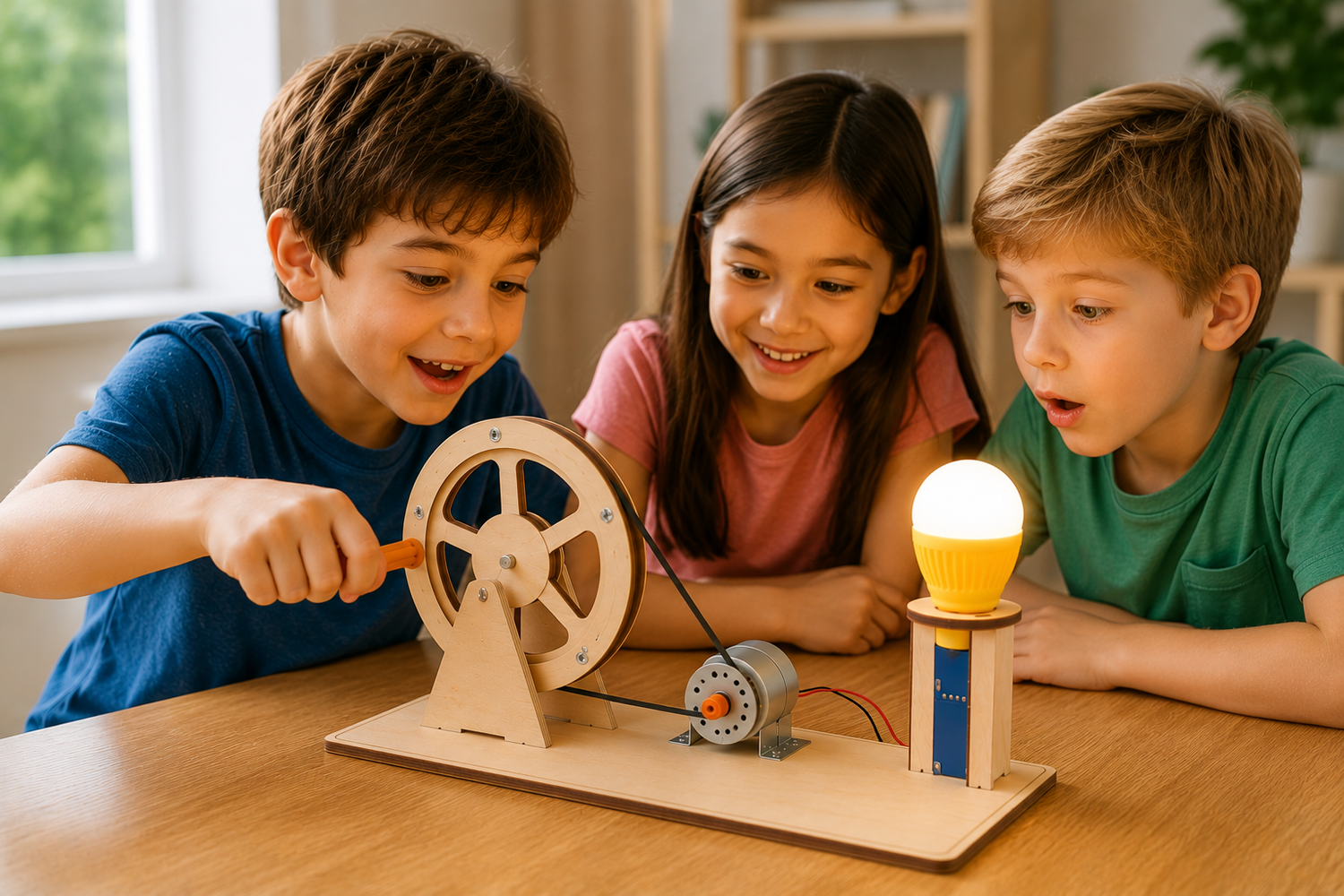 Three children engaged with a science project involving a wooden wheel and light bulb on a table.