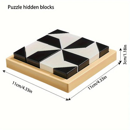 Black and white geometric puzzle on a wooden base with dimensions indicated