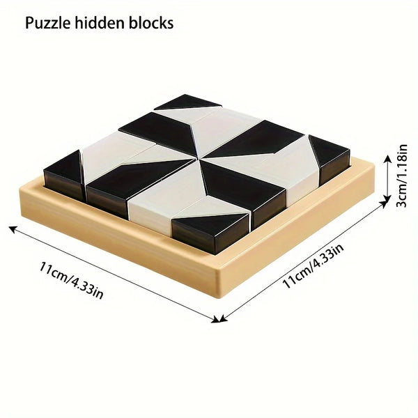 Black and white geometric puzzle on a wooden base with dimensions indicated