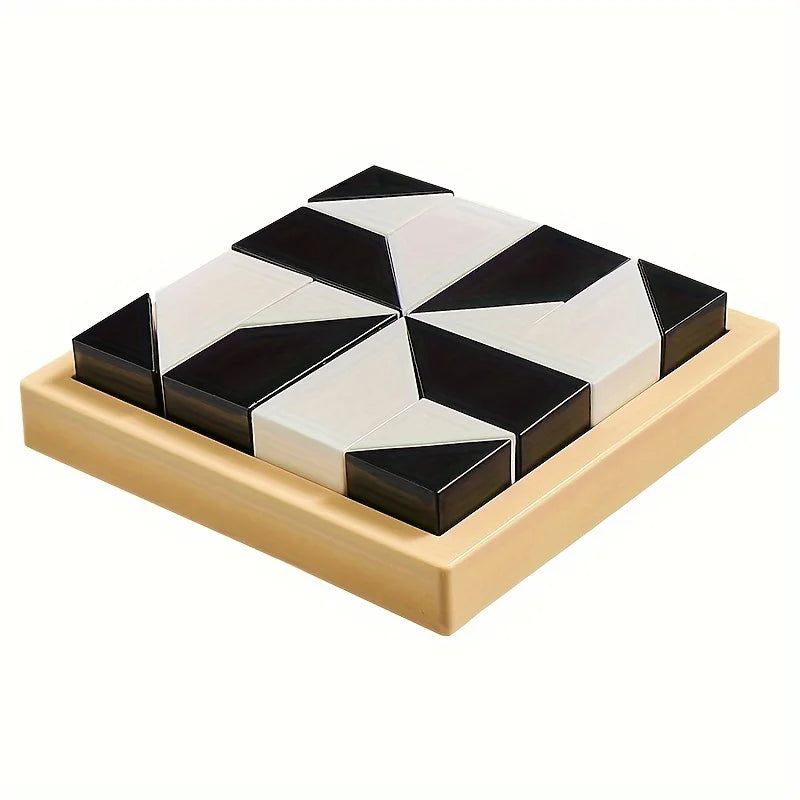 Black and white geometric tile set on a wooden base