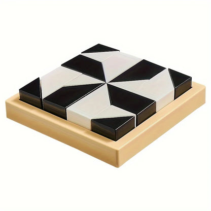 Black and white geometric tile set on a wooden base