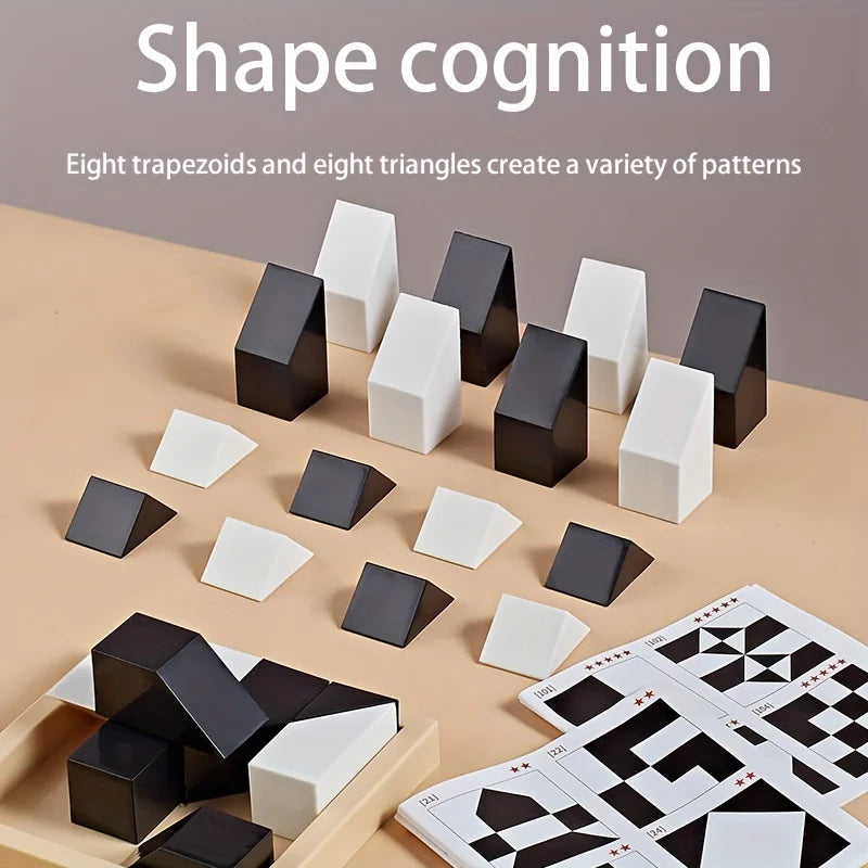 Educational set with geometric shapes and pattern cards for shape cognition on a beige surface.