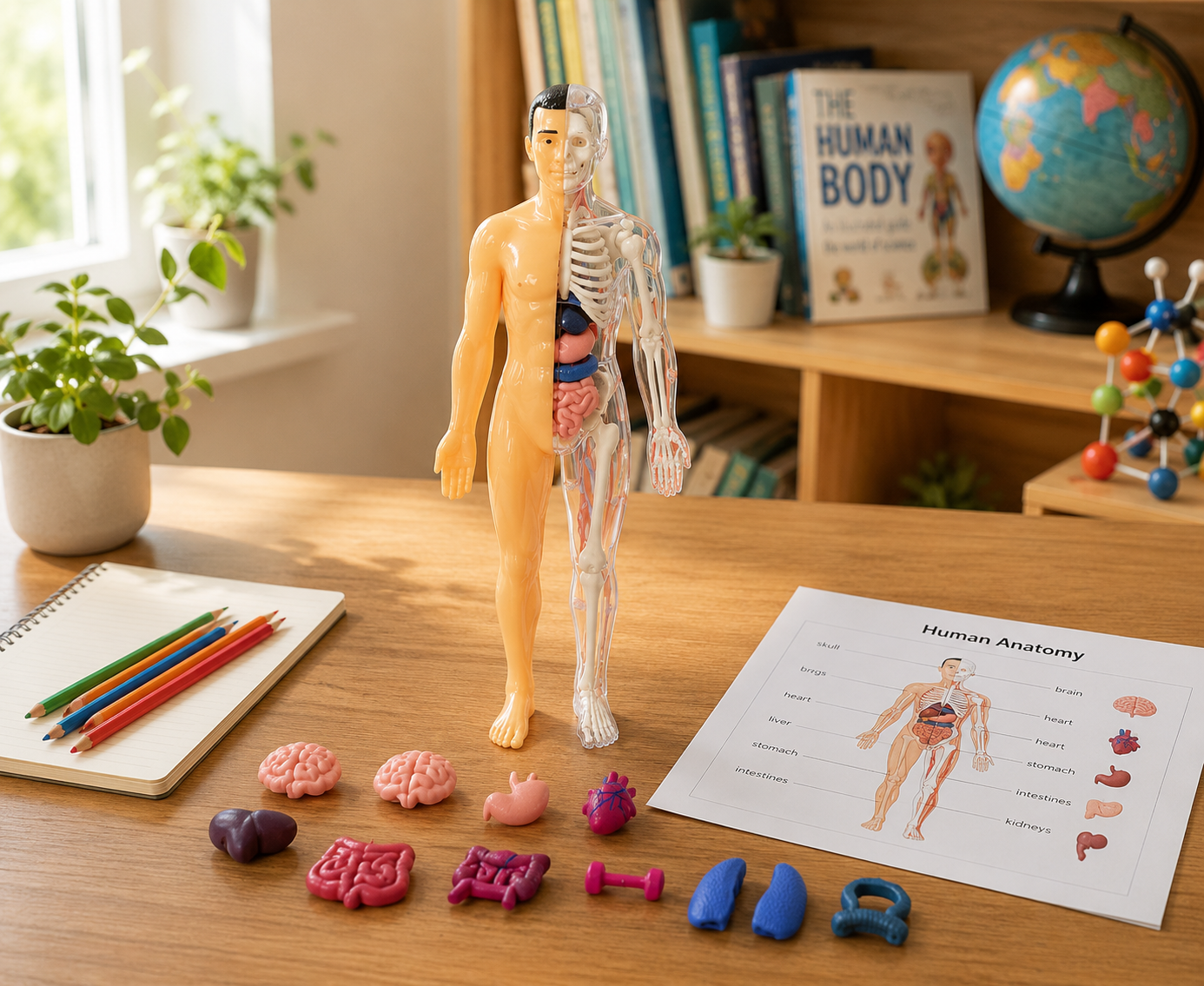 Human Anatomy Model for Kids with removable organs, half transparent body, anatomy worksheet and STEM learning materials in a modern educational environment.