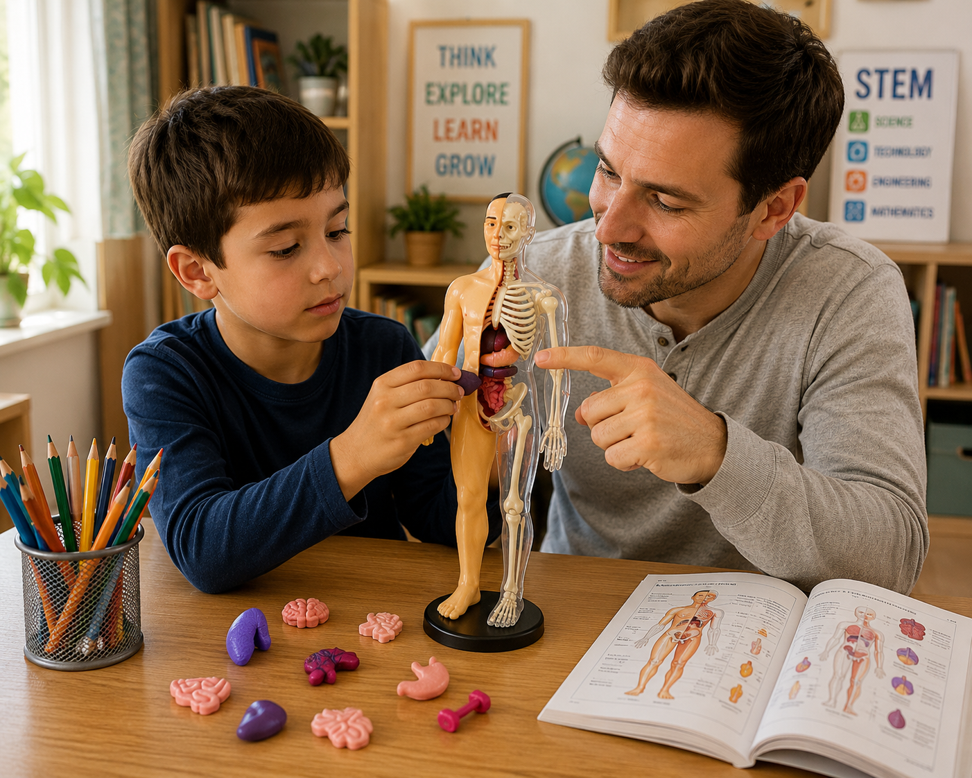 Parent and child learning with a half transparent human anatomy model for kids featuring removable organs in a hands-on STEM educational activity.