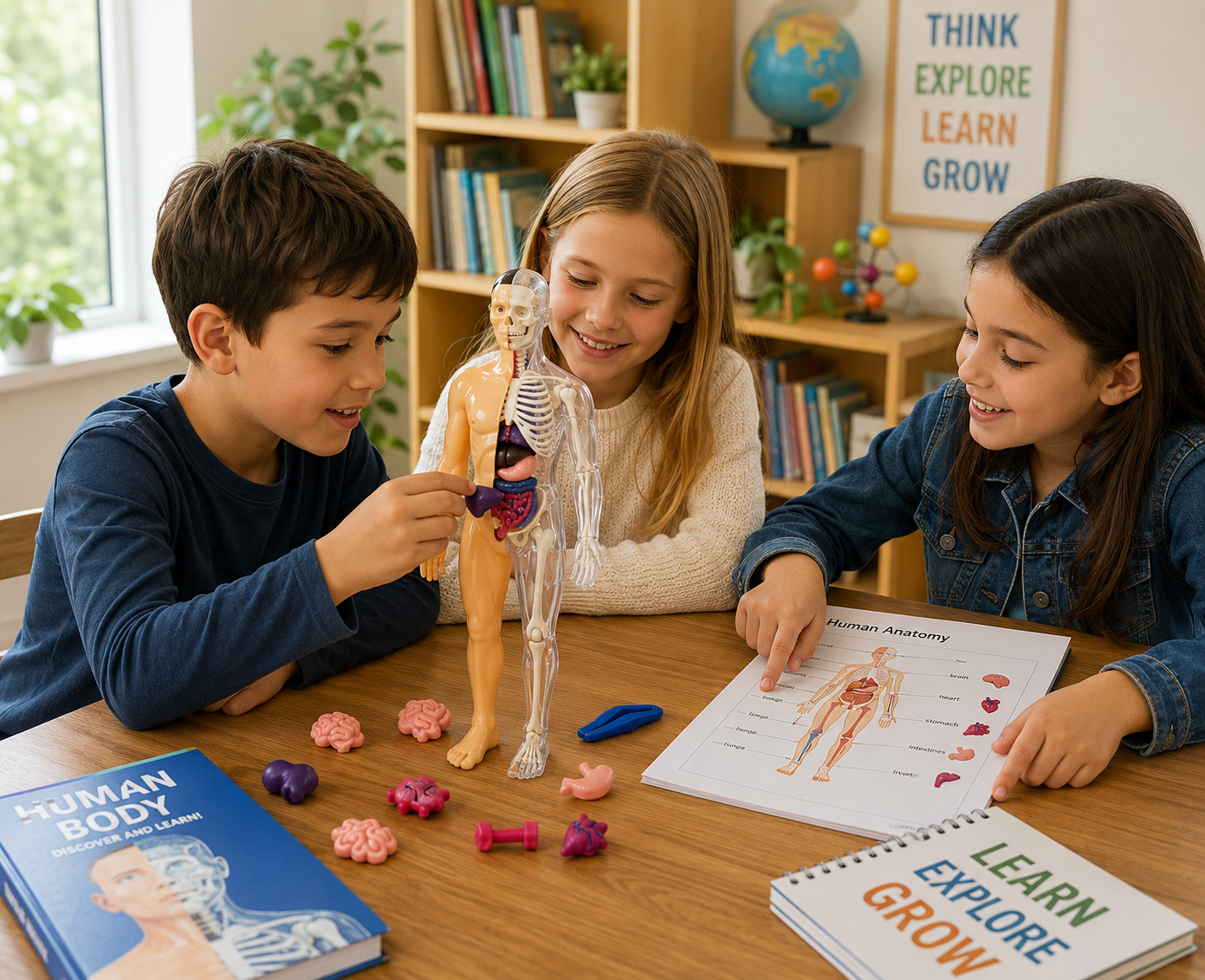 Three children learning together with a half-transparent human anatomy model, exploring removable organs through hands-on STEM education in a Montessori-inspired classroom.
