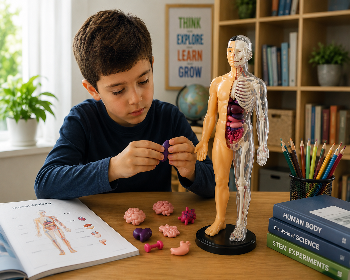 Child exploring removable organs with an interactive human anatomy model for kids during STEM learning activities.