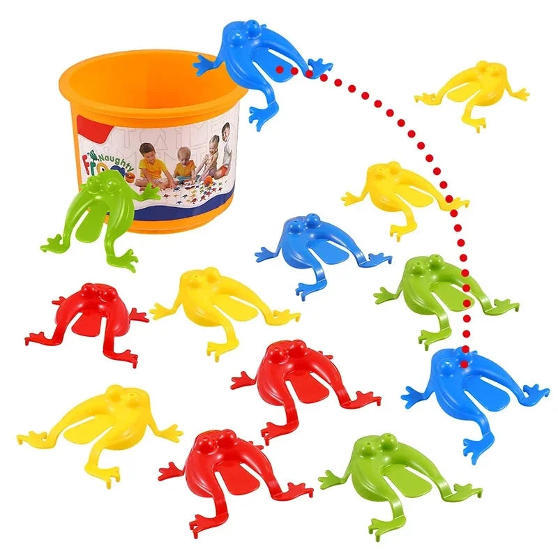 Colorful plastic frogs with a container labeled 'Bouyancy' on a white background