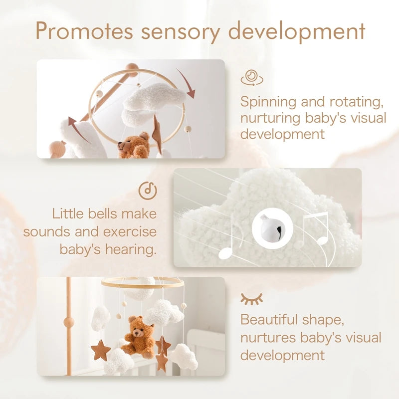 Baby product with text highlighting sensory development benefits on a white background