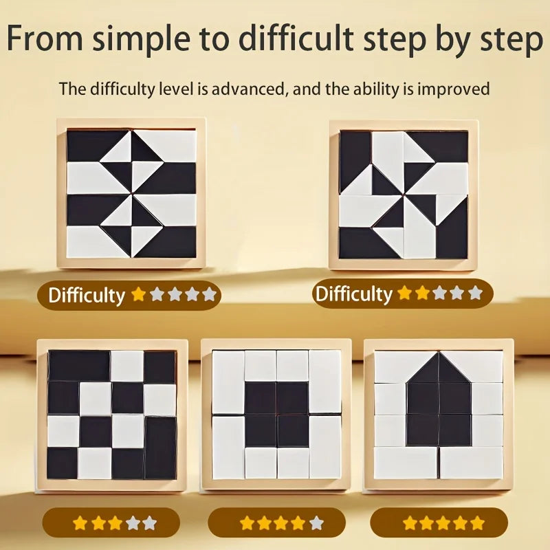 Set of wooden puzzles with increasing difficulty levels on a beige background