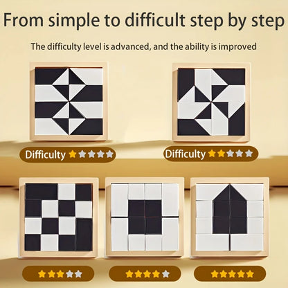 Set of wooden puzzles with increasing difficulty levels on a beige background