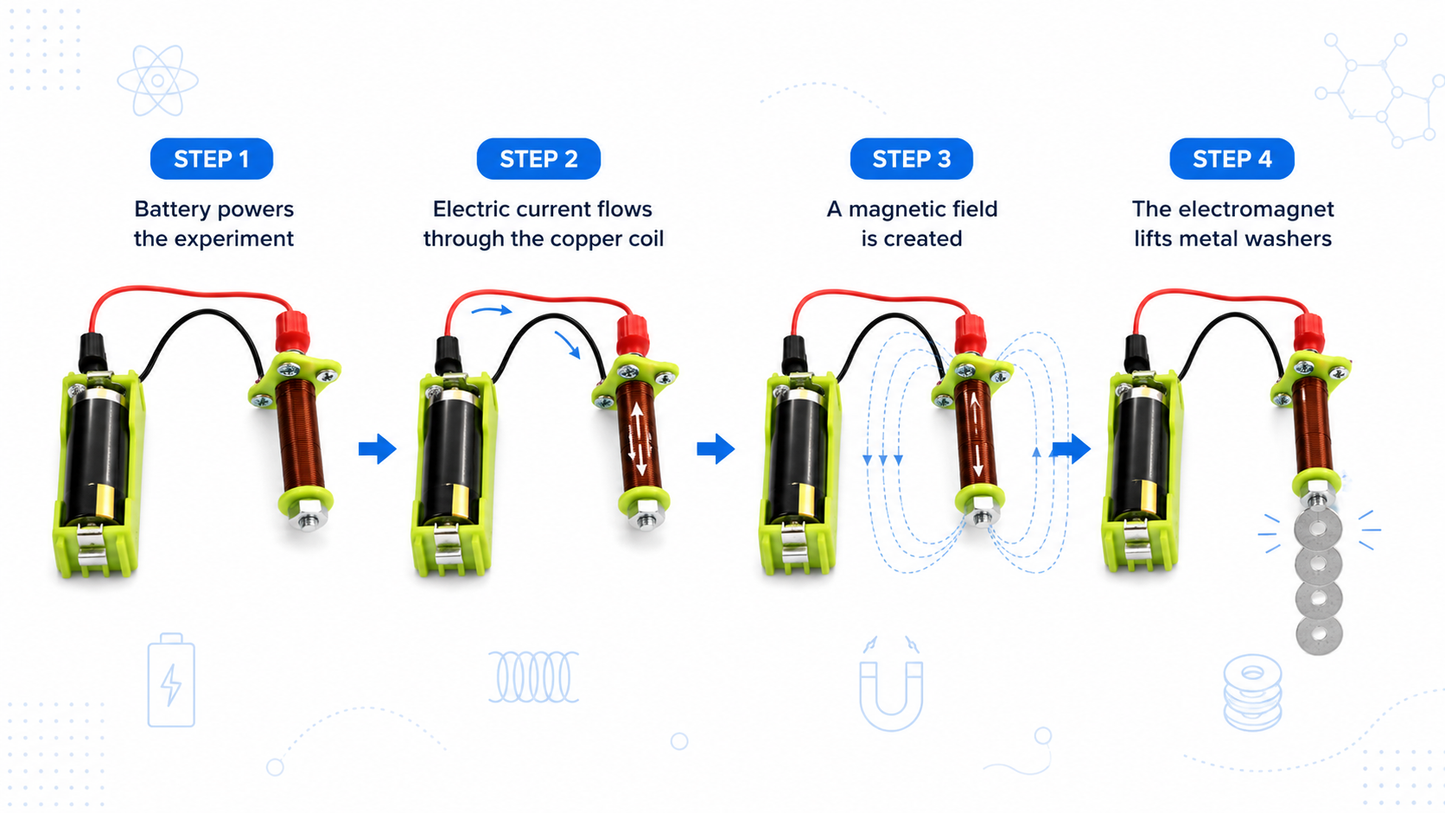 Educational infographic explaining how the MagnoLab™ Magnetic Field Experiment Kit creates a magnetic field to attract metal washers during a hands-on STEM physics experiment.