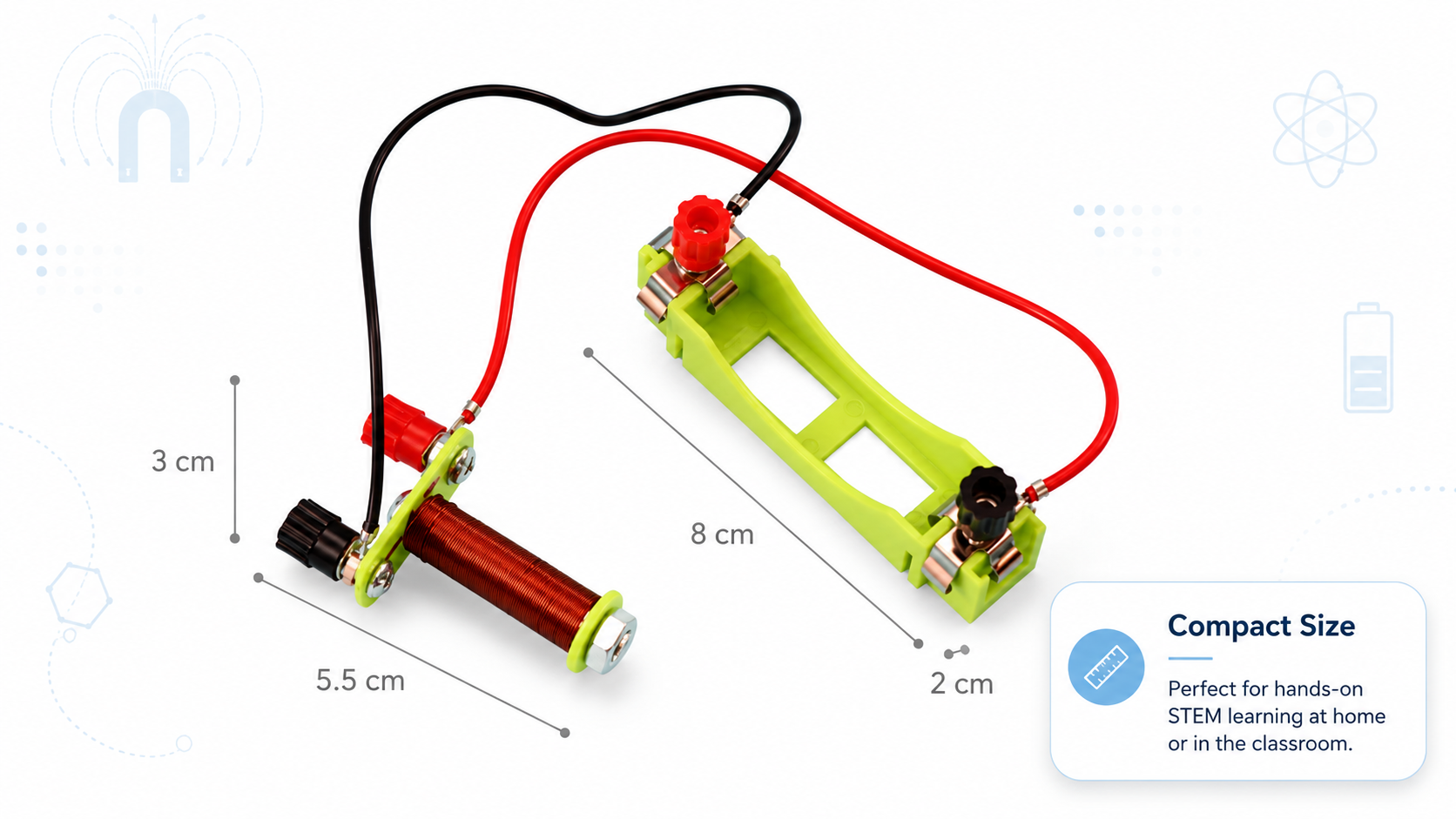 Dimensions guide for the MagnoLab™ Magnetic Field Experiment Kit showing the electromagnet, battery holder and labeled component measurements for STEM learning.