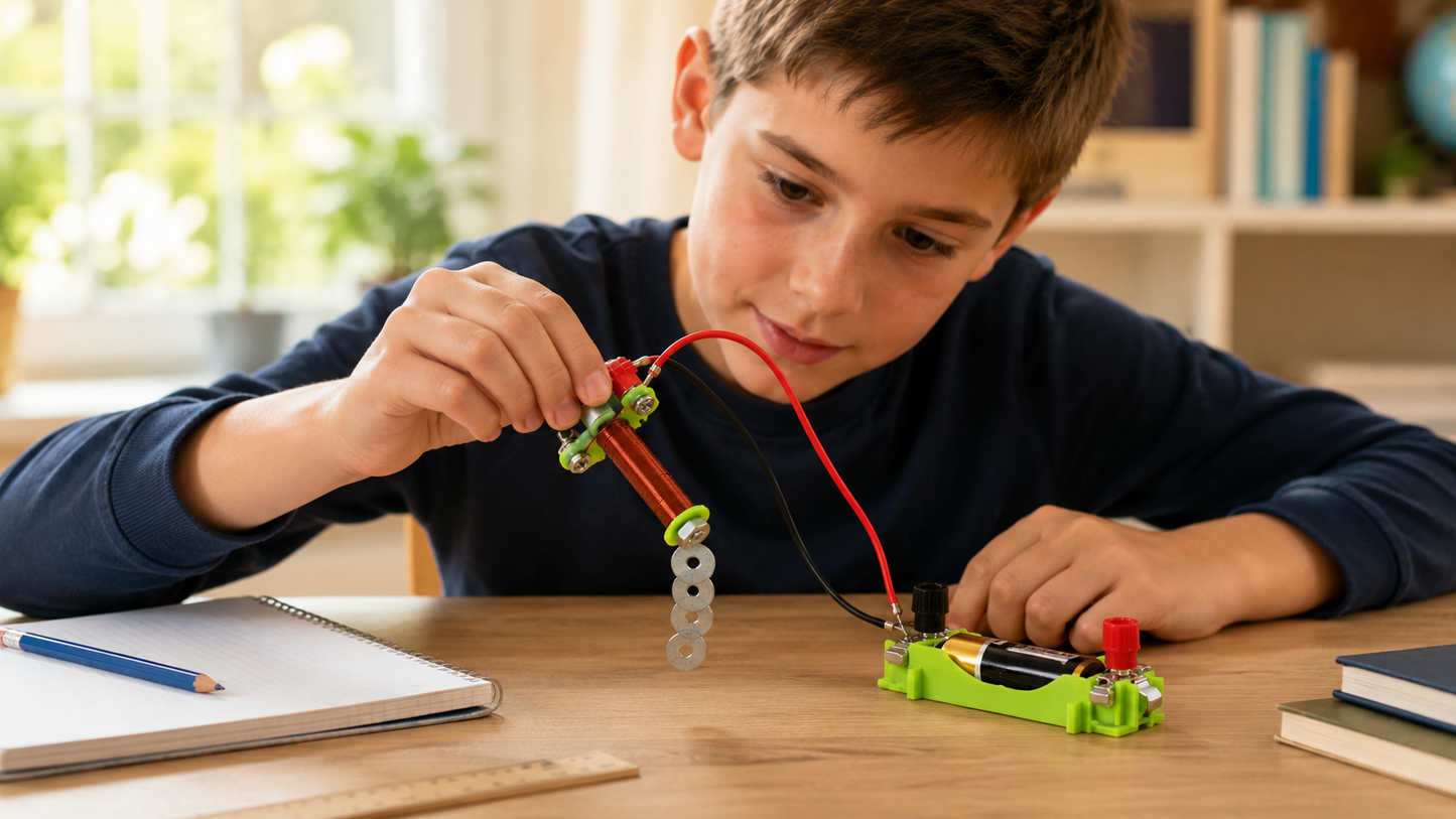 Child performing a magnetic field experiment with the MagnoLab™ Magnetic Field Experiment Kit by lifting metal washers using a real electromagnet during a hands-on STEM physics activity.