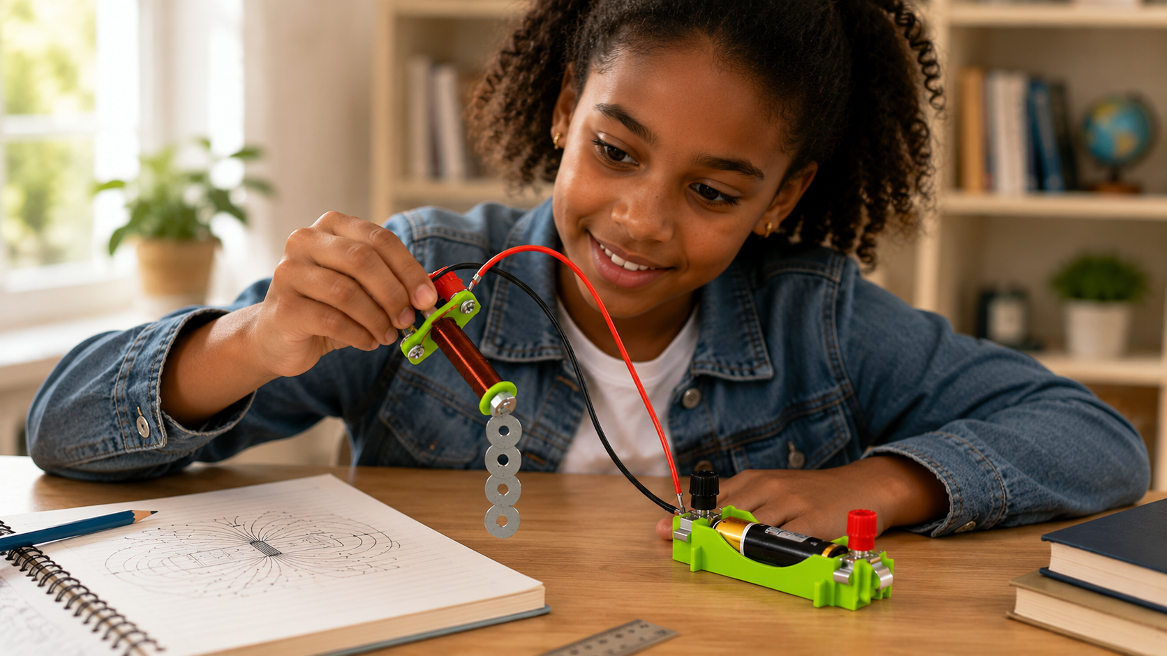 Young student performing a magnetic field experiment with the MagnoLab™ Magnetic Field Experiment Kit while learning electromagnetism through hands-on STEM education.