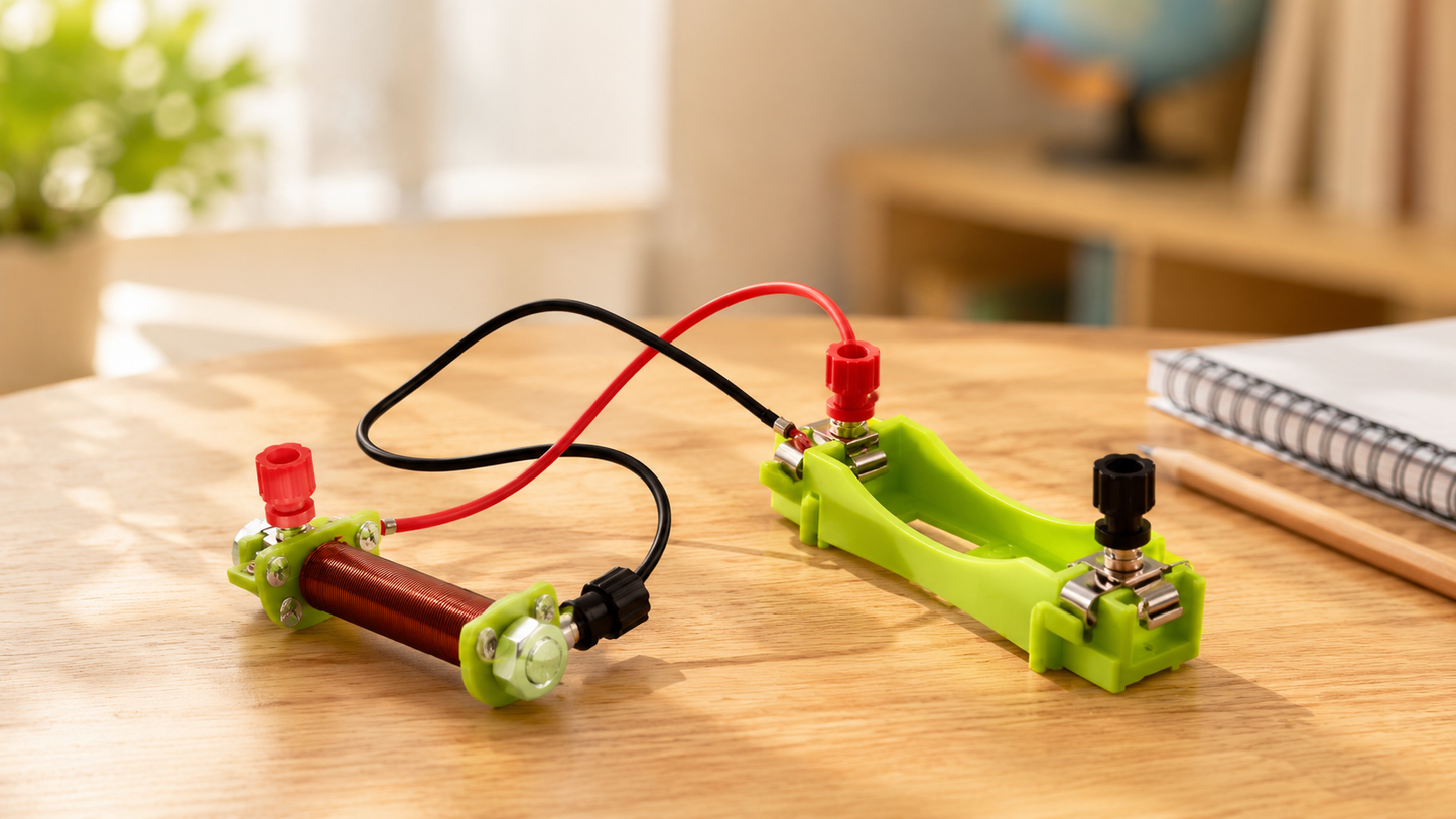 Premium product photo of the MagnoLab™ Magnetic Field Experiment Kit displayed on a wooden tabletop, showing the complete electromagnet experiment kit for hands-on STEM learning.