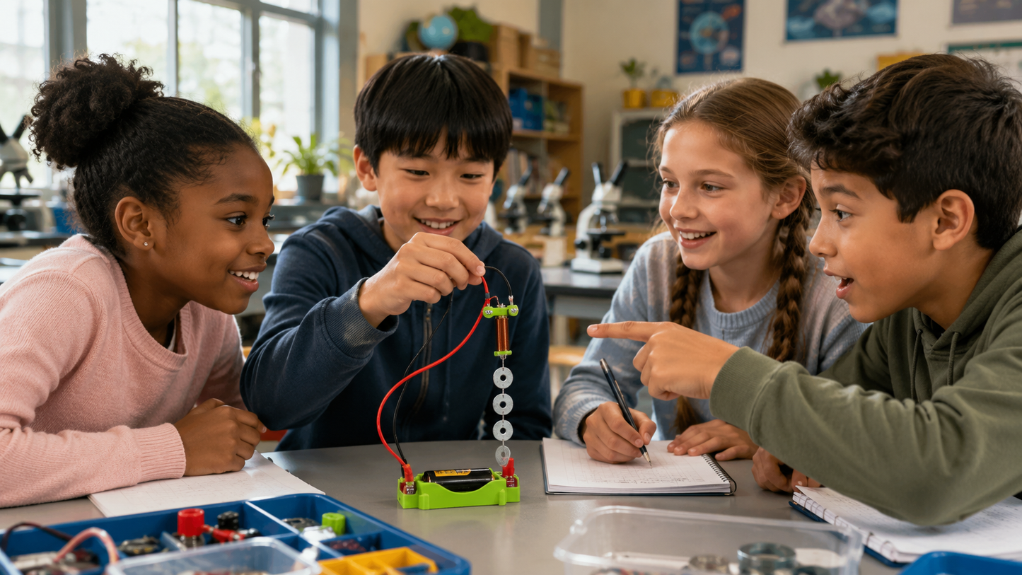 Students working together with the MagnoLab™ Magnetic Field Experiment Kit during a hands-on STEM classroom activity, demonstrating how an electromagnet lifts metal washers.