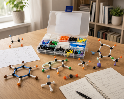 MoleculeLab complete molecular model kit with assembled chemistry structures, storage case, study worksheet and notebook in a modern STEM learning environment.