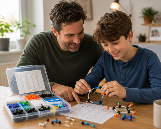 Parent and child building molecular structures together using the MoleculeLab chemistry model kit for hands-on STEM learning at home.