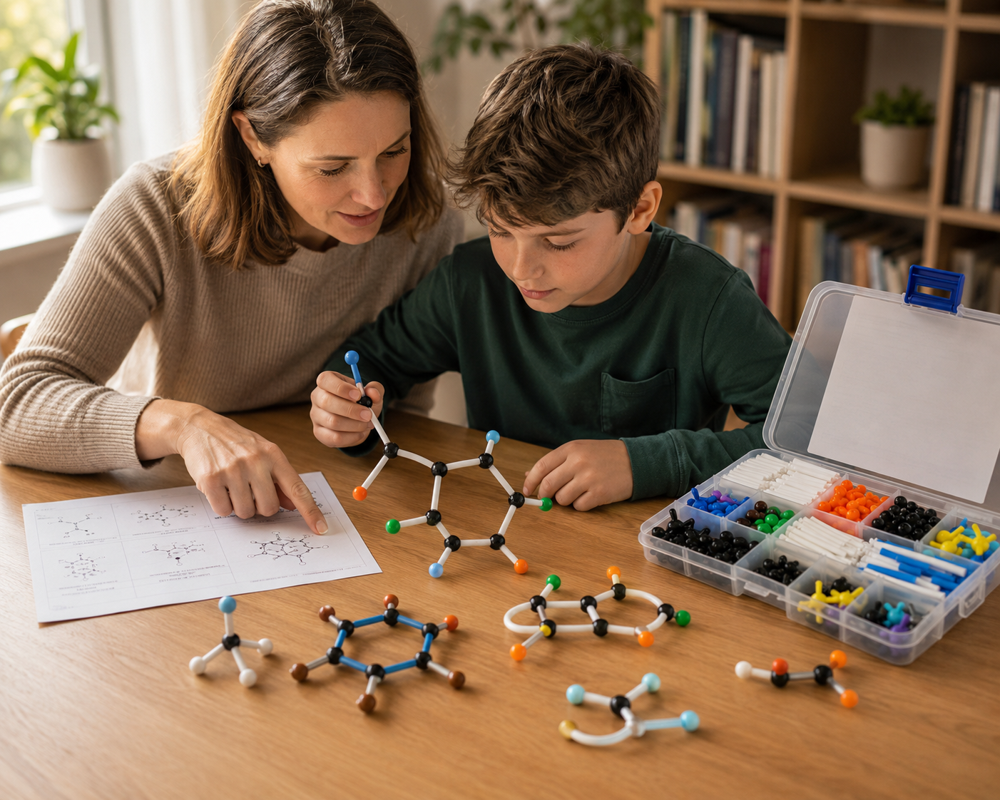 Parent helping child build molecular models with the MoleculeLab™ chemistry kit during a hands-on STEM learning activity at home.