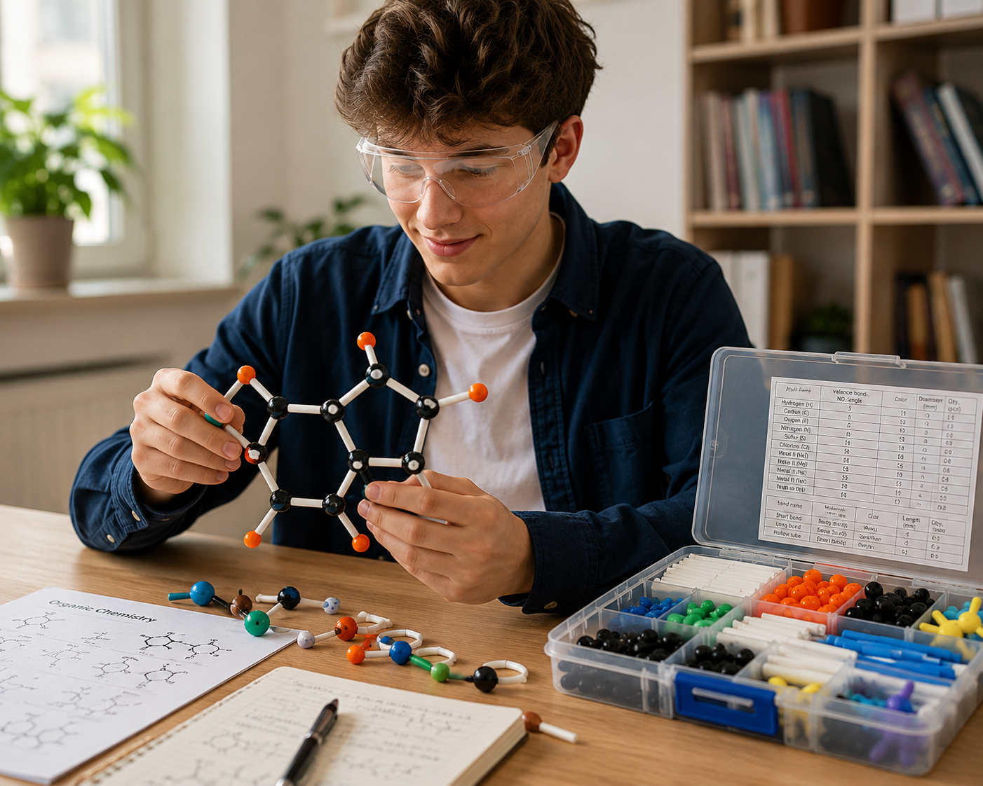 Student building a molecular model with the MoleculeLab molecular model kit for hands-on chemistry learning.
