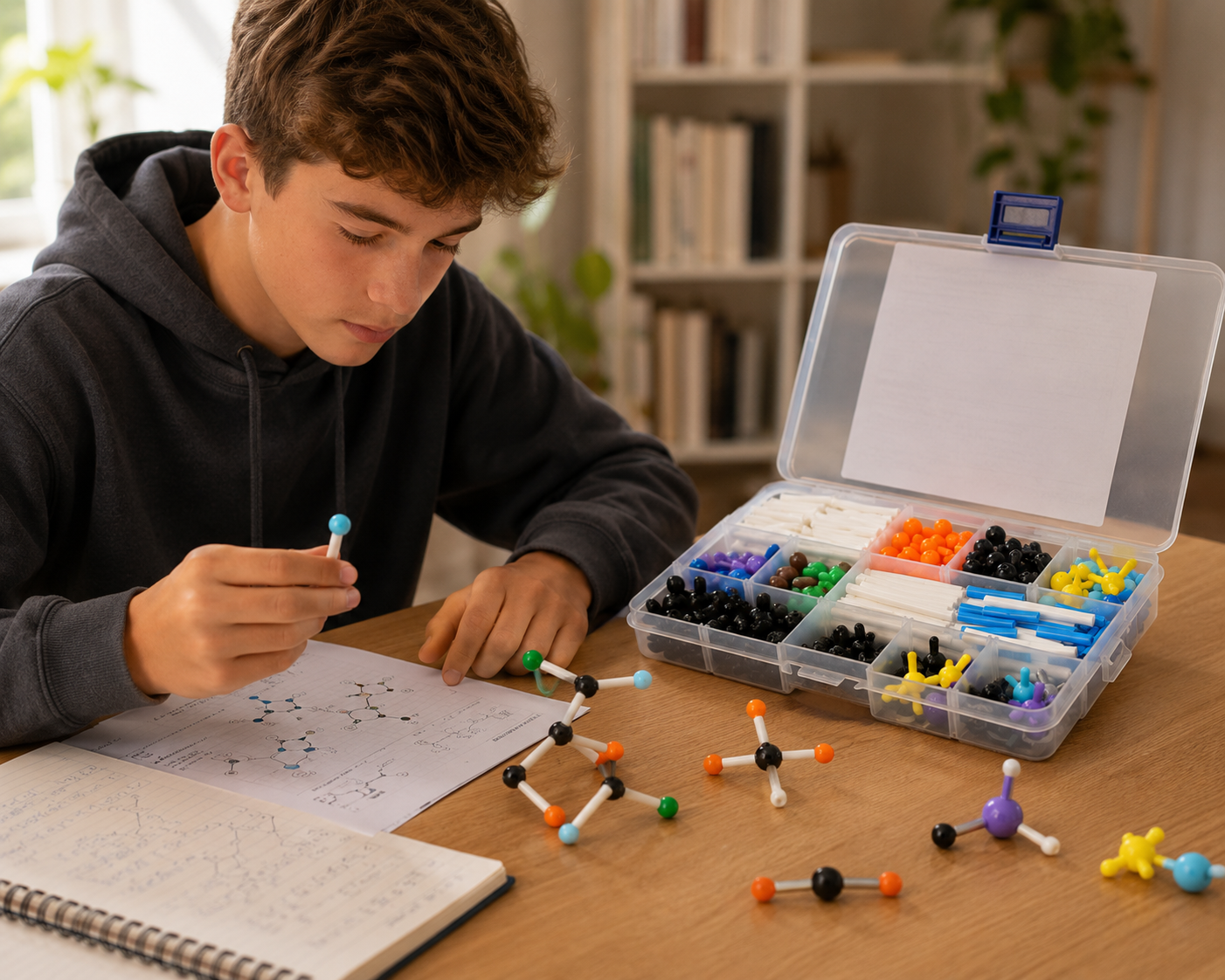 Teenage student using the MoleculeLab chemistry molecular model kit to build a 3D molecule while studying chemistry at home.