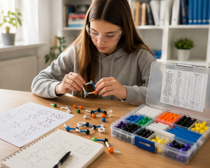 Teenage student building a 3D molecular model with the MoleculeLab STEM chemistry kit at a modern home study desk.