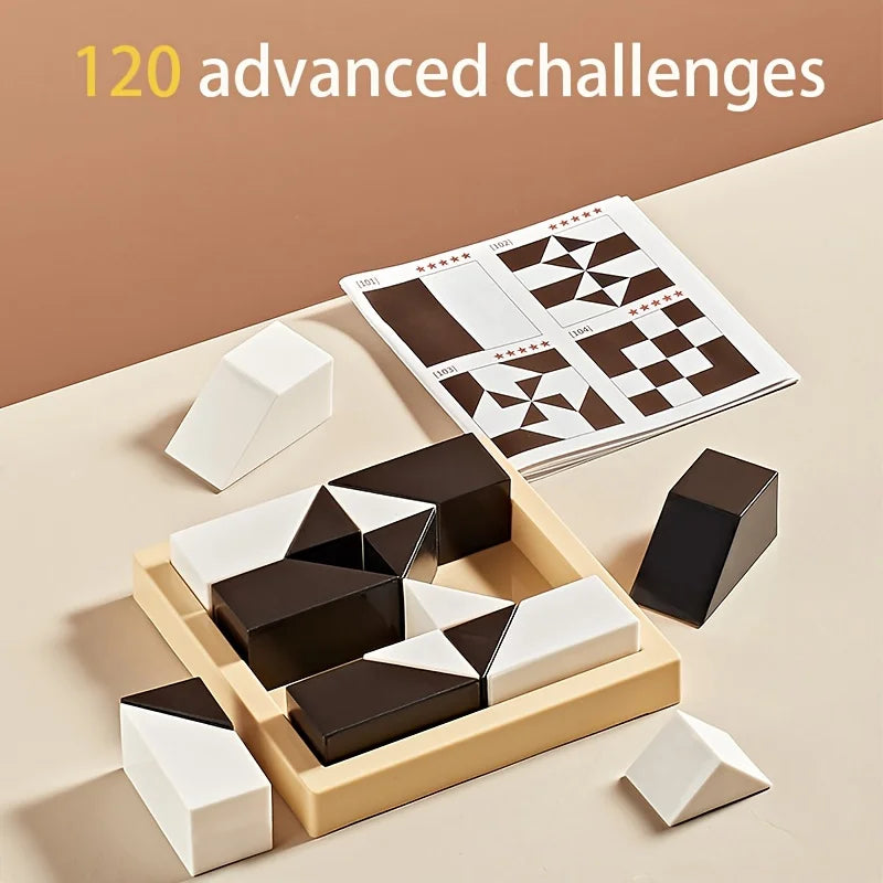 Geometric puzzle set with pieces and a diagram on a beige surface, featuring text '120 advanced challenges'.