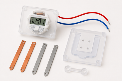 Potato Battery Clock Science Kit components with digital clock, wires, four metal electrodes and clear holder.