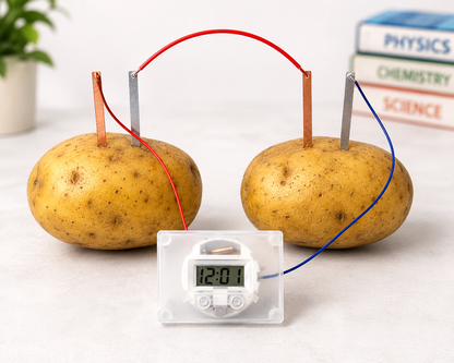 Potato Battery Clock Science Kit powering a digital clock with two potatoes and metal electrodes.