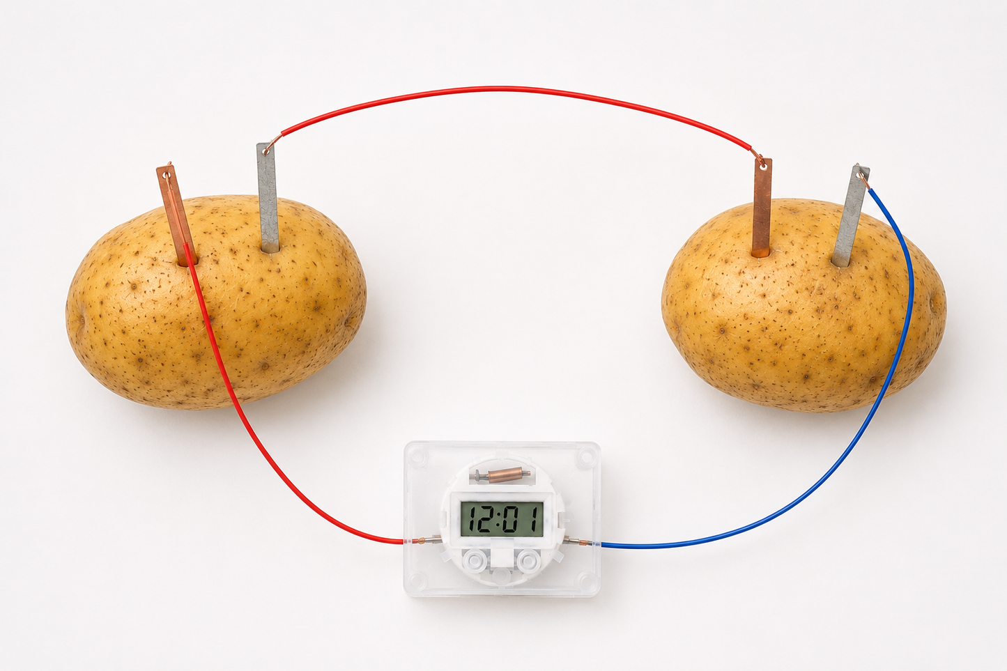 Top view of two potatoes connected with metal electrodes and wires to power a digital clock.