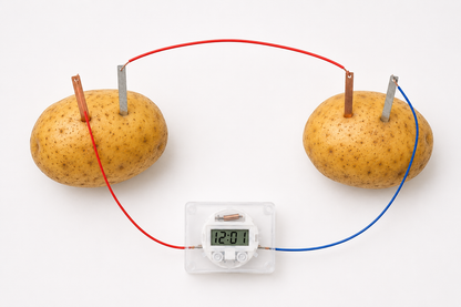 Top view of two potatoes connected with metal electrodes and wires to power a digital clock.