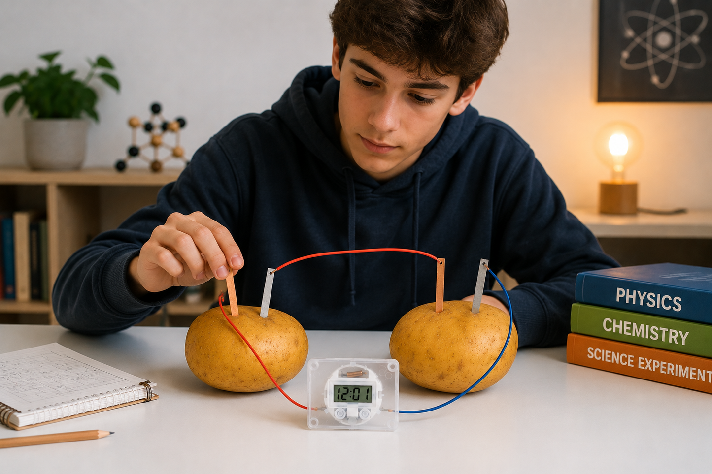 Teen learner building a potato battery STEM experiment with electrodes, wires and a digital clock.
