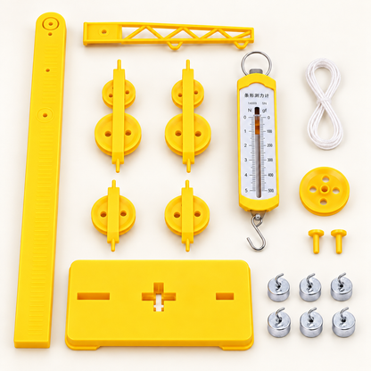 Yellow pulley experiment kit arranged on a light background, including a support column and base, pulley units, spring force meter, six metal hook weights, cord and fixing pins.