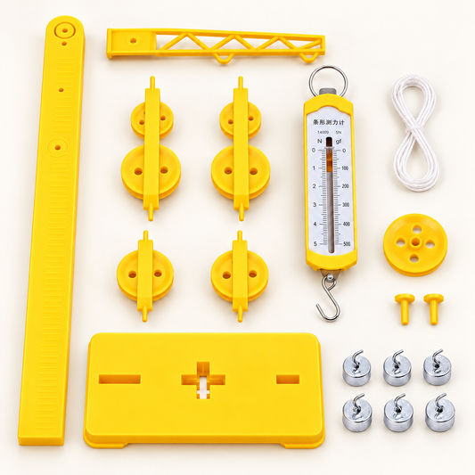 Yellow pulley experiment kit arranged on a light background, including a support column and base, pulley units, spring force meter, six metal hook weights, cord and fixing pins.