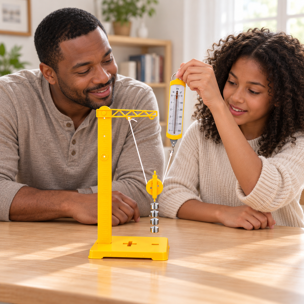 A girl holds a spring force meter during a yellow movable pulley experiment while her father observes beside her, with four metal weights suspended above the base.