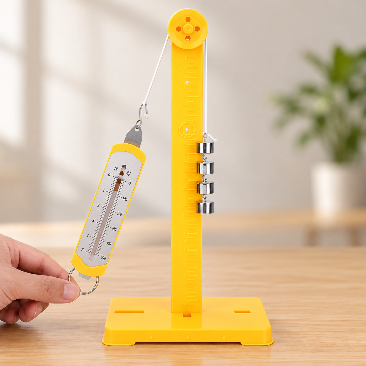 Yellow fixed pulley mounted on a support stand, with four metal weights suspended from one end of the cord and a hand holding a spring force meter at the other end.