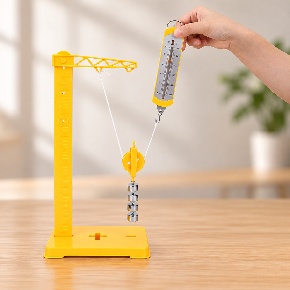 Yellow movable pulley supporting four metal weights, with a cord anchored to the support arm and connected at the other end to a handheld spring force meter.