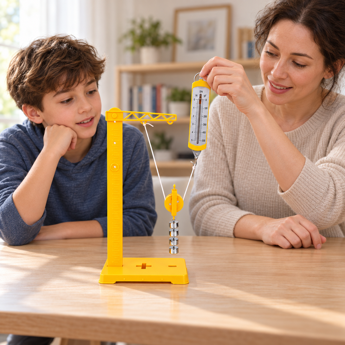 A child observes a yellow movable pulley experiment while an adult holds the spring force meter, with four metal weights suspended above the base.