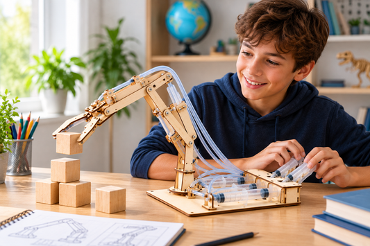 Teen exploring hands-on engineering with a screen-free wooden hydraulic arm