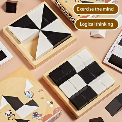 Geometric puzzle with black and white pieces on a beige surface, promoting logical thinking.