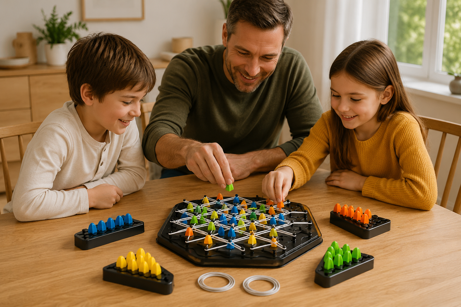 Family playing the TriLogic™ Strategy Board Game together around a wooden table during a fun screen-free game night.