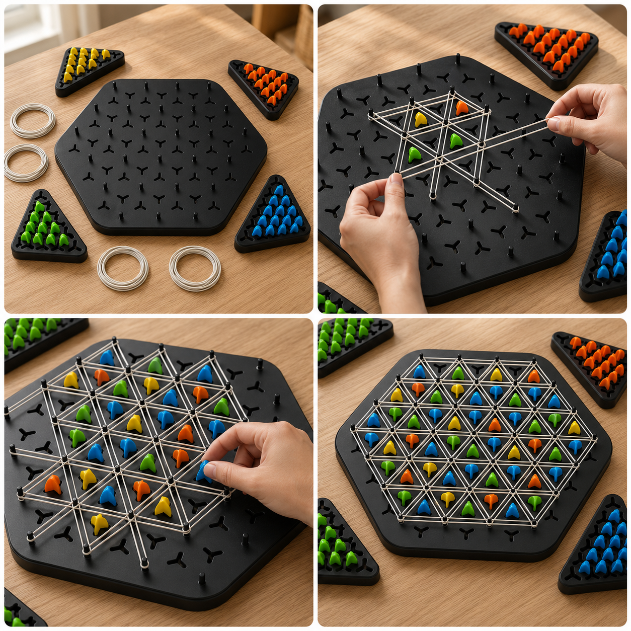 Four-step visual guide showing how to set up, play and claim triangles in the TriLogic™ Strategy Board Game.