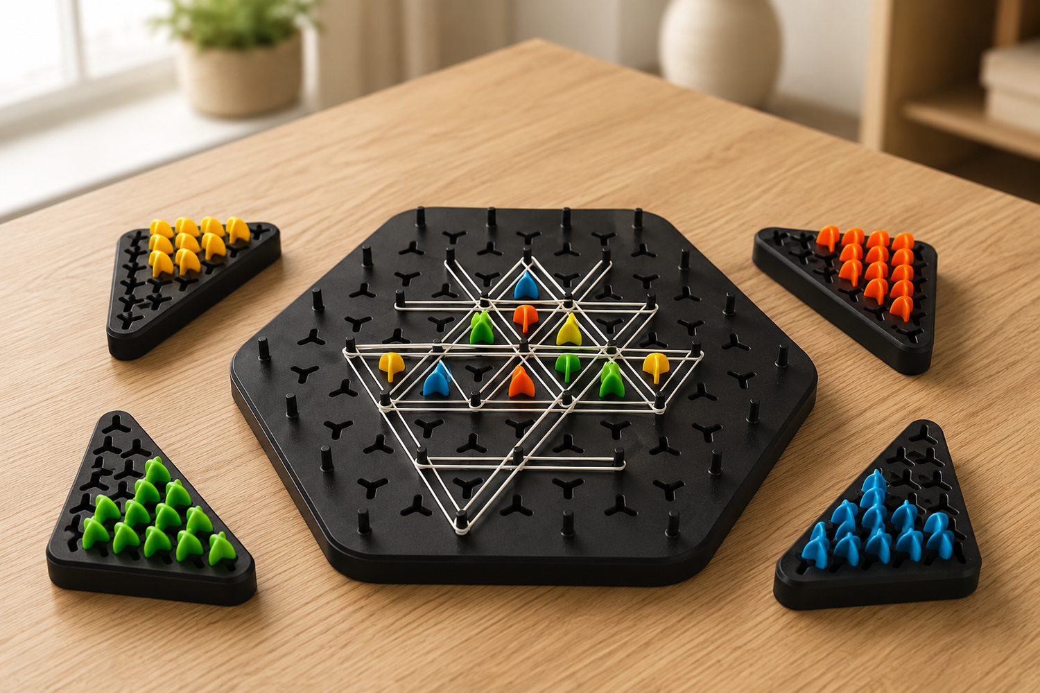 TriLogic™ Strategy Board Game displayed on a wooden table, showcasing the complete board, colourful pieces and premium design.