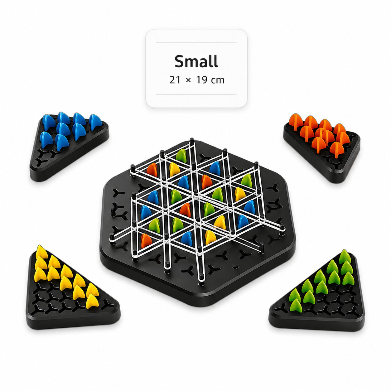Small TriLogic™ Strategy Board Game measuring 21 × 19 cm displayed with colourful playing pieces and premium product presentation on a white background.
