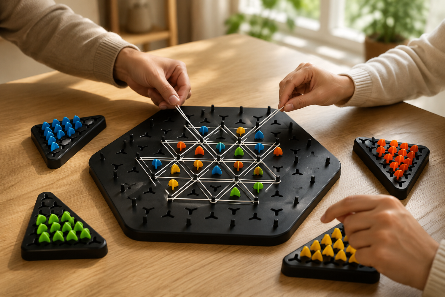 Players competing in the TriLogic™ Strategy Board Game by stretching elastic bands and planning strategic moves.