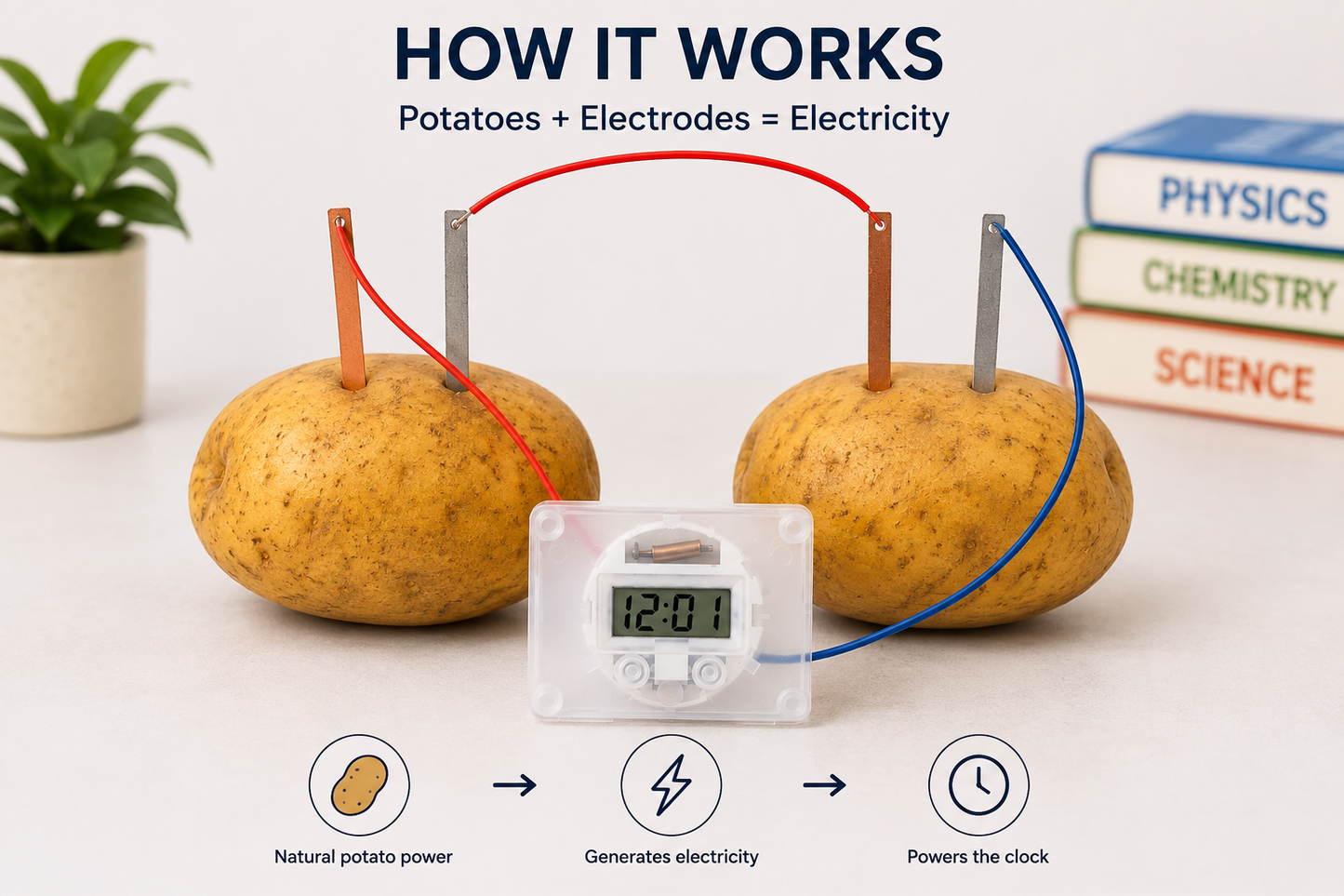 Potato Battery Clock Science Kit connected to two potatoes in a hands-on electricity experiment.